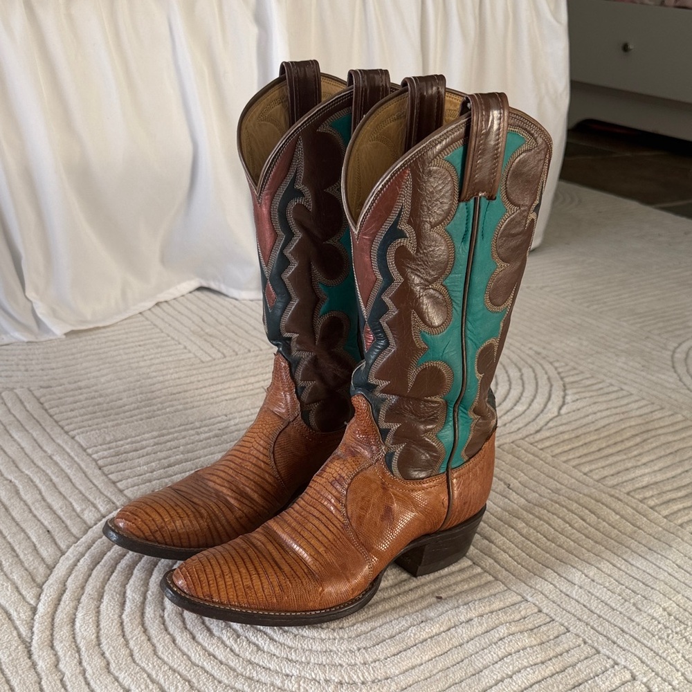 Tony Lama Brown and Teal Heeled Boots